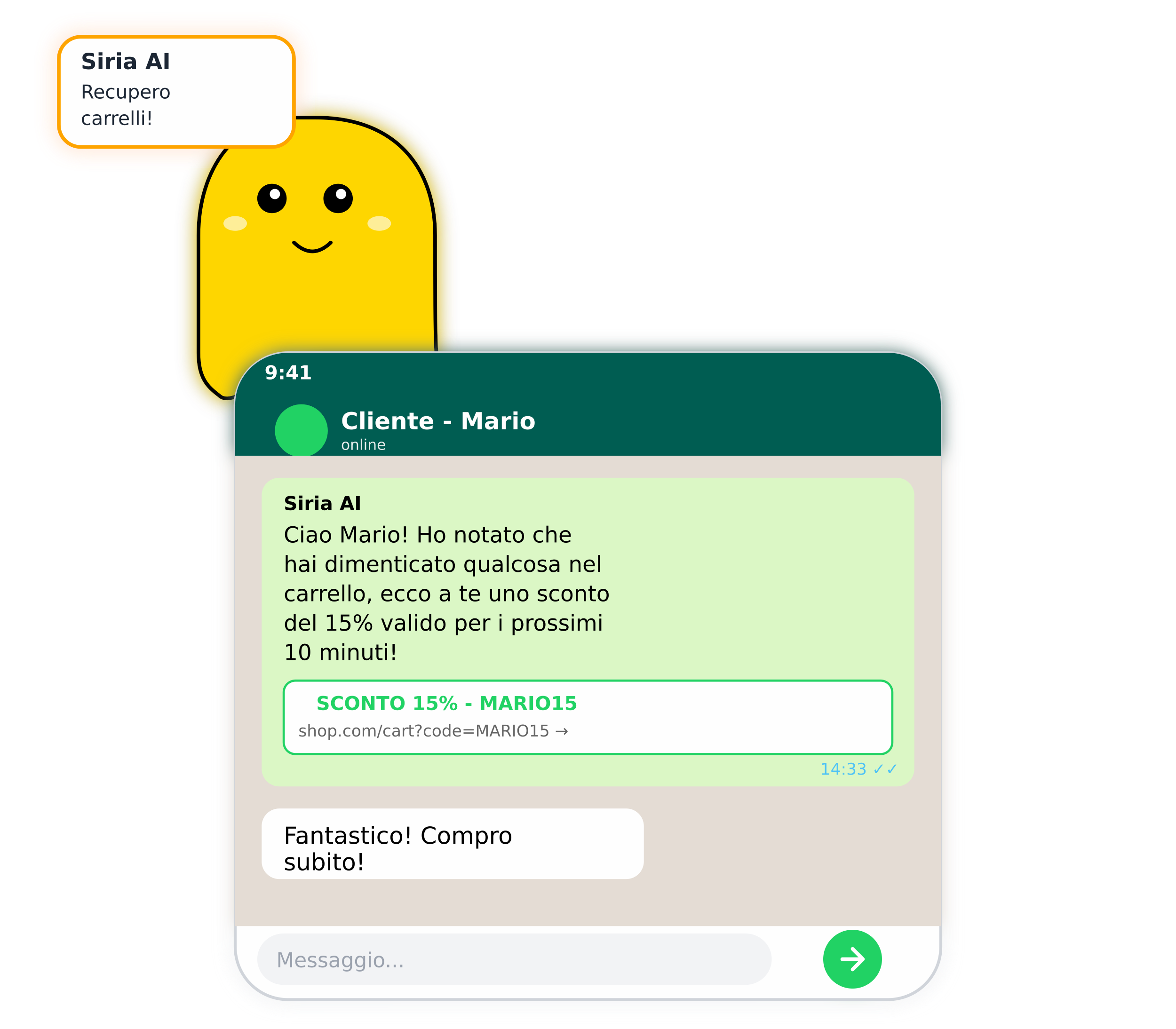 Siria AI - Recupero carrello WhatsApp con sconto automatico
